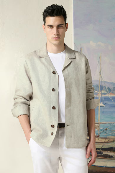 Men 100% Linen Casual Beige Solid Shacket