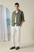 Men 100% Linen Casual Olive Solid Shacket